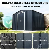 Outsunny 9 x 6ft Metal Bicycle Shed, Outdoor Storage Tool House with Ventilation Slots, Foundation Kit and Lockable Double Doors, Dark Grey(m-4)