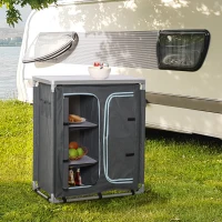 Outsunny Aluminum Camping Cupboard, Camping Kitchen Station Cook Table with 3-Shelf, Storage Organiser for BBQ Party Picnic(m-2)