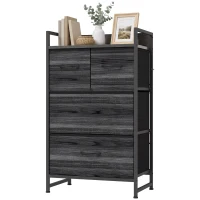 HOMCOM Rustic Chest of Four Fabric Drawers - Black Wood Effect(m-15)