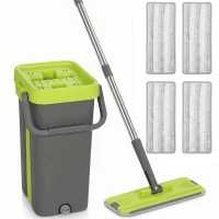 HOMCOM Wischmopp- und Eimerset mit Auswringsystem, Flachmopp, 2 Kammern, Drehkopf, nass/trocken, Dunkelgrau(m-8)