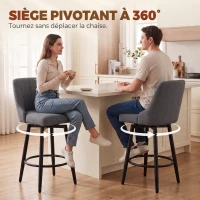 HOMCOM Lot de 2 Tabourets de Bar Pivotants, Chaises de Bar en Tissu Effet Lin, Dossier Capitonné, Repose-Pieds, Gris(m-4)