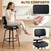 HOMCOM Bancos de Bar Giratórios 360° em Pele Sintética PU com Pernas de Madeira Curvas, Encosto Acolchoado e Apoio para os Pés, 44x49x95 cm, Preto(m-5)