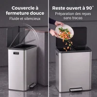 HOMCOM Poubelle à Double Compartiment 2 x 30L, Poubelle de Cuisine en Acier Inoxydable, Couvercle à Fermeture Douce, Argent(m-5)