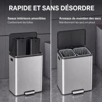 HOMCOM Poubelle à Double Compartiment 2 x 30L, Poubelle de Cuisine en Acier Inoxydable, Couvercle à Fermeture Douce, Argent(m-6)