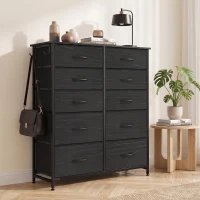 HOMCOM Chest of Drawers, Dresser with 10 Fabric Drawers, Tall Storage Unit with 4 Pockets and 2 Hooks Steel Frame, Black(m-2)