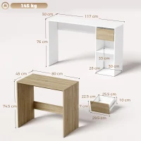 HOMCOM Set 2 birouri gigogne pentru calculator, 80/117 cm, cu sertar și etajere deschise, alb și stejar(m-3)