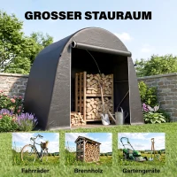 Outsunny Tragbarer Gartenschuppen, Fahrradzelt, Rolltür mit Reißverschluss, Metallrahmen, vielseitige Aufbewahrung, Kunststoff-Abdeckung, Dunkelgrau(m-5)