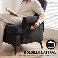 HOMCOM Sillón Relax Sofá Individual en Chenilla Butaca de Salón Moderna Asiento Ancho y Cojín Grueso Cojín Lumbar Negro(m-7)