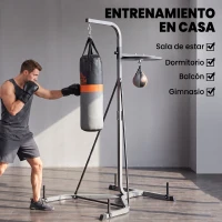 HOMCOM Saco de Boxeo Colgante con Bola de Velocidad Ajustable en Altura de 167-187 cm  e Inflador 115x157x221 cm Negro y Gris(m-5)
