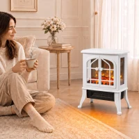 HOMCOM Chimenea Eléctrica de Pie  900/1800W Efecto Llama 3D Termostato Ajustable Ventanas Visibles para 15-30 ㎡ Blanco(m-10)