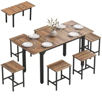 HOMCOM Set masă dining masă extensibilă 120-160 cm și 6 scaune, picioare din oțel, PAL, living, bucătărie, maro si negru(m-11)