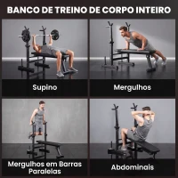 HOMCOM Banco de Pesos Multifuncional Dobrável com Suporte para Barras Ajustável e Estação de Dips 98-122x140x73 cm Preto(m-4)