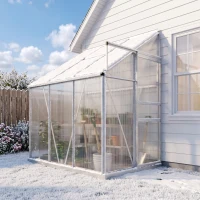 Outsunny 6 x 4ft Lean to Wall Polycarbonate Greenhouse Aluminium Walk-in Garden Greenhouse with Adjustable Roof Vent, Rain Gutter and Sliding Door, Clear(m-8)