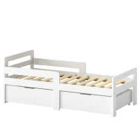 AIYAPLAY Wooden Kids Bed Frame with 2 Storage Drawers and Guard Rails for Ages 4-14, 144 x 76 x 57 cm (No Mattress), White(m-1)