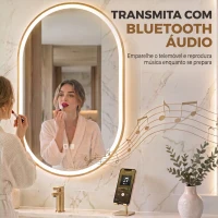 HOMCOM Espelho de Casa de Banho com LED Altifalante Bluetooth e Antiembaciamento 100x70 cm 3 Tons de Luz Brilho Regulável(m-4)