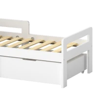AIYAPLAY Wooden Kids Bed Frame with 2 Storage Drawers and Guard Rails for Ages 4-14, 144 x 76 x 57 cm (No Mattress), White(m-10)