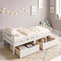 AIYAPLAY Wooden Kids Bed Frame with 2 Storage Drawers and Guard Rails for Ages 4-14, 144 x 76 x 57 cm (No Mattress), White(m-9)