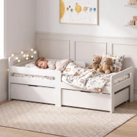 AIYAPLAY Wooden Kids Bed Frame with 2 Storage Drawers and Guard Rails for Ages 4-14, 144 x 76 x 57 cm (No Mattress), White(m-8)
