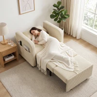 HOMCOM Sofá Cama 1 Plaza Convertible 3 en 1 de Pana con Respaldo Ajustable Almohada Extraíble para Salón Dormitorio Beige(m-9)