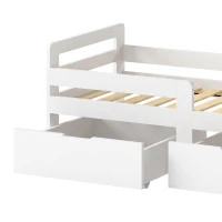 AIYAPLAY Wooden Kids Bed Frame with 2 Storage Drawers and Guard Rails for Ages 4-14, 144 x 76 x 57 cm (No Mattress), White(m-13)