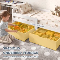 AIYAPLAY Wooden Kids Bed Frame with 2 Storage Drawers and Guard Rails for Ages 4-14, 144 x 76 x 57 cm (No Mattress), White(m-4)