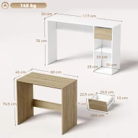 HOMCOM Einschiebbare Schreibtische 2er-Set, Computertisch 80/117 cm mit Schublade und offenen Regalen, Weiß und Eiche(m-3)