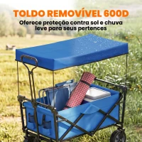 Outsunny Carrinho de Transporte Dobrável com Toldo Removível e Alça Ajustável Capacidade 100 kg para Campismo 97x52x105 cm Azul(m-6)