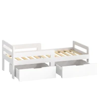 AIYAPLAY Wooden Kids Bed Frame with 2 Storage Drawers and Guard Rails for Ages 4-14, 144 x 76 x 57 cm (No Mattress), White(m-15)