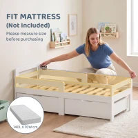 AIYAPLAY Wooden Kids Bed Frame with 2 Storage Drawers and Guard Rails for Ages 4-14, 144 x 76 x 57 cm (No Mattress), White(m-6)