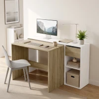 HOMCOM Einschiebbare Schreibtische 2er-Set, Computertisch 80/117 cm mit Schublade und offenen Regalen, Weiß und Eiche(m-6)