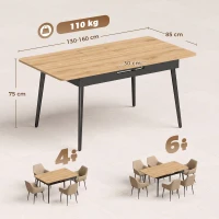 HOMCOM Masă extensibilă 130-160 cm, masă de bucătărie cu colţuri rotunjite, stejar(m-3)