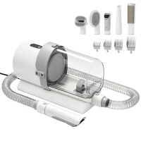 PawHut Kit de Toaletare pentru Câini și Pisici 5 în 1, cu Aspirator 10 kPa, Mașină de Tuns și Perie, Recipient 2,5 L, 3 Viteze, Silențios(m-1)