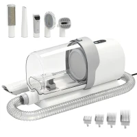 PawHut Kit de Toaletare pentru Câini și Pisici 5 în 1, cu Aspirator 10 kPa, Mașină de Tuns și Perie, Recipient 2,5 L, 3 Viteze, Silențios(m-12)