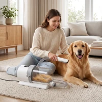 PawHut Kit de Toaletare pentru Câini și Pisici 5 în 1, cu Aspirator 10 kPa, Mașină de Tuns și Perie, Recipient 2,5 L, 3 Viteze, Silențios(m-2)