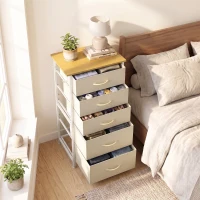 HOMCOM Chest of Drawers, Dresser with 5 Fabric Drawers, Tall Storage Unit with 4 Pockets and 2 Hooks Steel Frame, Beige(m-9)