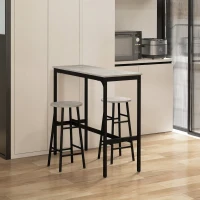 HOMCOM Ensemble table haute de bar + 2 tabourets structure en acier plateau aspect effet bois gris 2 personnes noir(m-2)