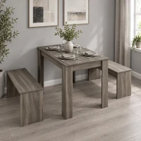 HOMCOM Kitchen Dining Table and 2 Benches Set, Table and Chairs Set for Limited Space, Grey Wood Effect(m-8)