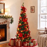 HOMCOM Árbol de Navidad Artificial 150 cm con 100 Luces LED 150 Ramas 11 Modos Bolas, Cintas Soporte Plegable Verde y Rojo(m-2)