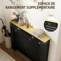 HOMCOM Couvercle de Radiateur, Cache-Radiateur, Grille à Lattes Horizontales avec 2 Tiroirs en Bois, 111 x 19 x 95,5 cm, Noir(m-7)