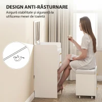 HOMCOM Masă de toaletă 3 în 1 cu oglindă rabatabilă, taburet retractabil, 3 sertare și blat din sticlă, alb(m-7)