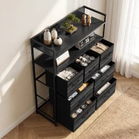 HOMCOM Chest of Drawers, Bedroom Fabric Dresser with 7 Drawers, Storage Organiser Unit with Open Shelves, Black Wood-Effect(m-9)