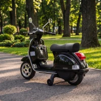 AIYAPLAY Elektryczny motocykl dziecięcy Vespa PX150 12V z akumulatorem litowym 35W 2 silniki 25° ograniczenie skrętu dla dzieci 3-6 lat(m-9)
