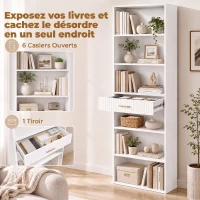 HOMCOM Bibliothèque à 7 Niveaux, 6 Compartiments Ouverts et Tiroir au Motif Ondulé, Moderne, 60 x 24 x 182 cm, Blanc(m-4)