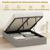 HOMCOM Cama Matrimonial con Almacenamiento Hidráulico 190x140 cm Cama Canapé Estructura de Cama con Somier Tapizada Lino Gris(m-4)