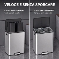 HOMCOM Pattumiera a Pedale 2 x 30 L in Acciaio Inox con Secchi Estraibili e Coperchio Soft-Close, Argento(m-6)