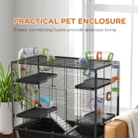 PawHut Large Hamster Cage, Gerbil Cage with Tubes, Storage Shelf, Ramps, Platforms, Running Wheel - Black(m-4)