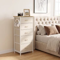 HOMCOM Chest of Drawers, Dresser with 5 Fabric Drawers, Tall Storage Unit with 4 Pockets and 2 Hooks Steel Frame, Beige(m-2)