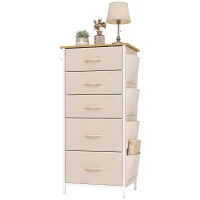 HOMCOM Chest of Drawers, Dresser with 5 Fabric Drawers, Tall Storage Unit with 4 Pockets and 2 Hooks Steel Frame, Beige(m-15)