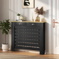 HOMCOM Couvercle de Radiateur, Cache-Radiateur, Grille à Lattes Horizontales avec 2 Tiroirs en Bois, 111 x 19 x 95,5 cm, Noir(m-12)