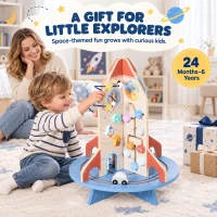 AIYAPLAY Cube d'Activités en Bois Thème Fusée, Cube Éducatif avec Trieur de Formes et Labyrinthe de Perles, pour 2 à 6 Ans(m-8)